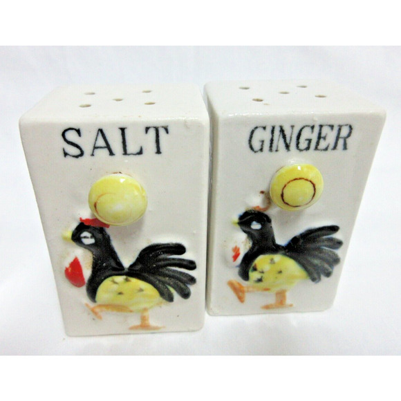 Vintage Spice Rack Ceramic Rooster 6 Jar Set Wood Wall Japan 1950s 7.5" x 7" - Picture 4 of 14
